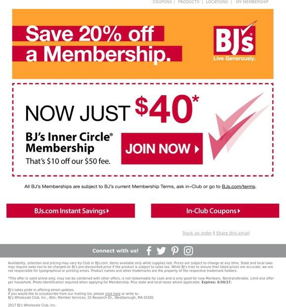 BJs Wholesale Club Save 20 off a BJ's Membership just 40 Milled