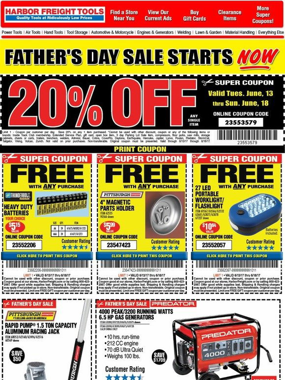 Harbor Freight Tools (FREES) Father's Day (20 OFF COUPON) Deals
