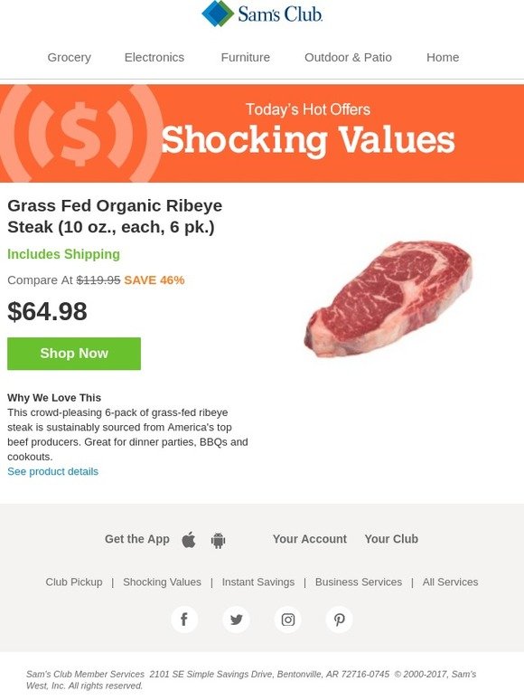 Sam's Club Grass Fed Organic Ribeye Steak (10 oz., each, 6 pk.) Milled