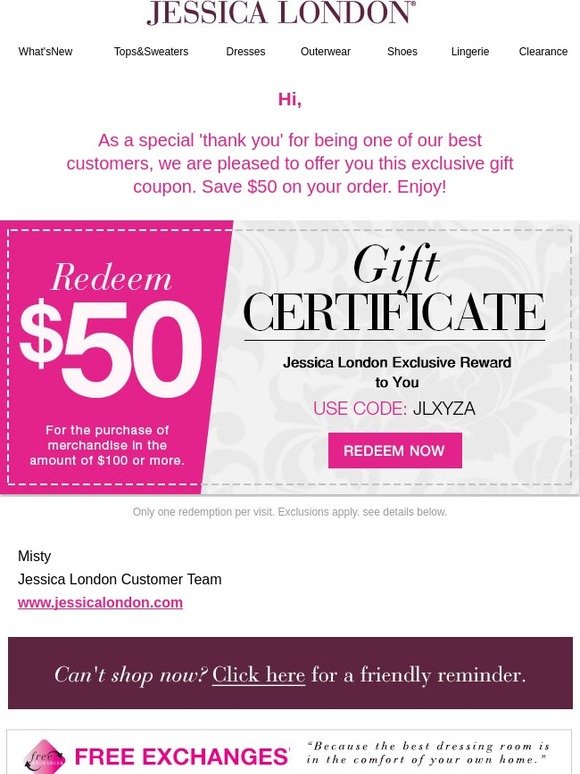 Jessica London: Your $50 Certificate is Here