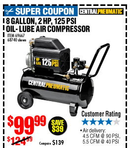 8 gal. 2 HP 125 PSI Oil Lube Air Compressor