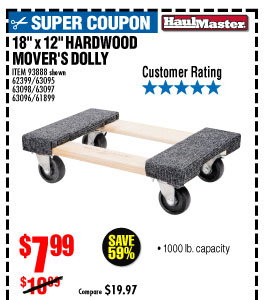 18 In x 12 In. 1000 lb. Capacity Hardwood Dolly