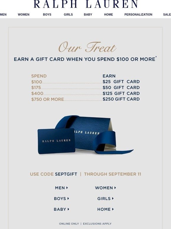 Ralph Lauren: Begins Now: Earn a Gift Card When You Spend $100 or More |  Milled