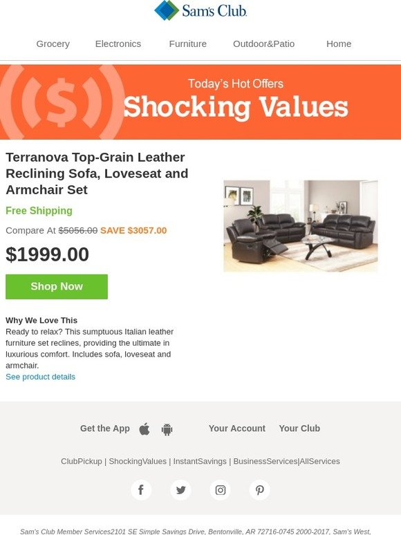 Sam's Club Terranova 3 Piece Top Grain Leather Reclining Set Milled