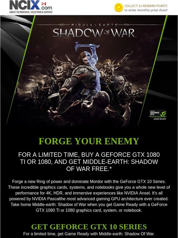Get Shadow Of War FREE when you buy a GeForce GTX 1080 Ti or 1080!