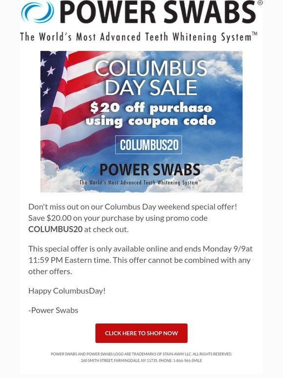 Save $20 this Columbus Day Weekend 😀