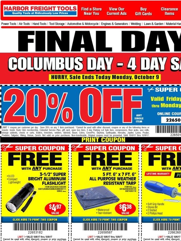 Harbor Freight Tools FINAL DAY • Columbus Day Sale Ends Today Milled