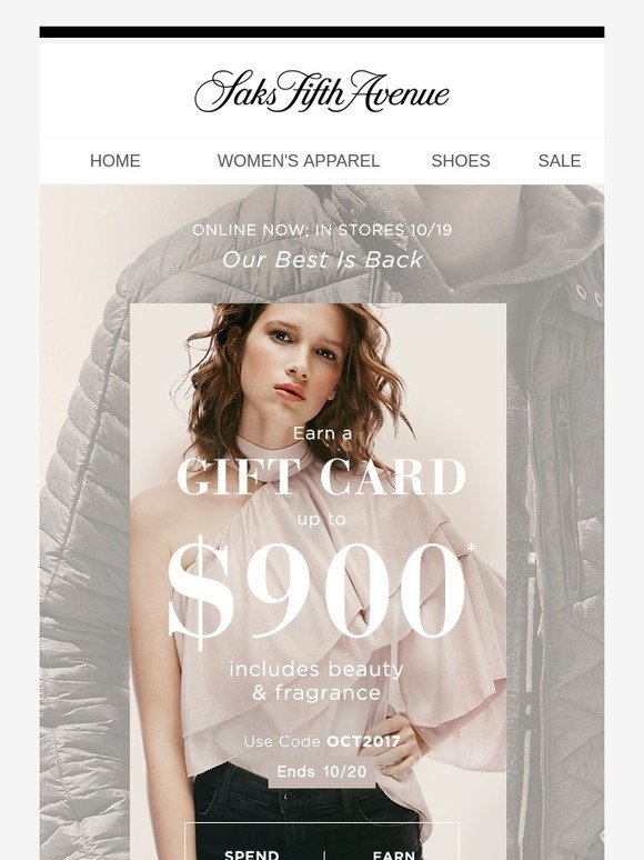 Saks Fifth Avenue Up to 900 our biggest gift card event