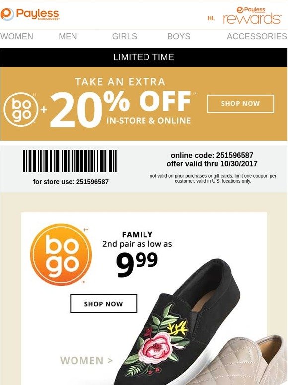 Payless Oops We Goofed! COUPON 20 off + BOGO! Milled