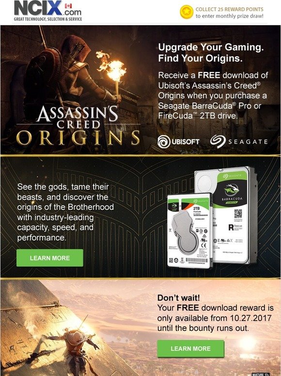 Get Assassin's Creed Origins FREE with select Seagate BarraCuda Pro or FireCuda drives!