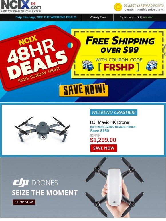 48HR Deals on NOW + Free Shipping Coupon for orders over $99! Drones, Cases, Power Supplies & More!