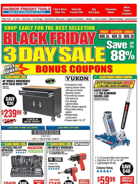 Harbor Freight Tools BLACK FRIDAY BONUS COUPONS • NEW DEALS JUST ADDED