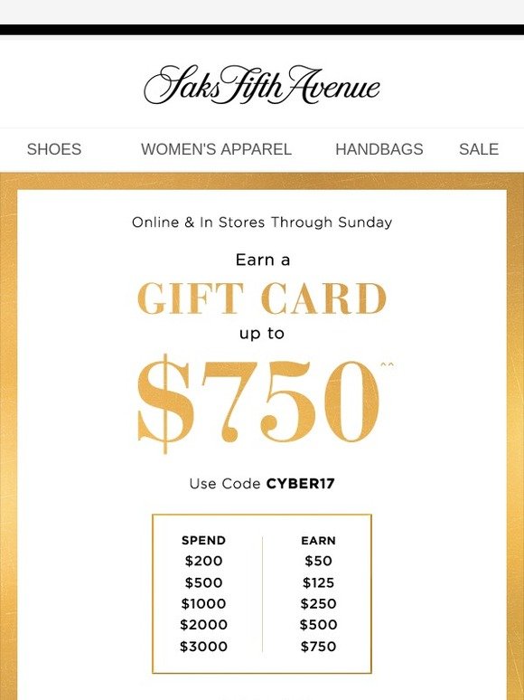 Saks Fifth Avenue Earn A Gift Card Up To 750 It S The Gift That Keeps On Giving Milled