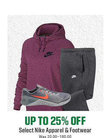 UP TO 25% OFF SELECT NIKE APPAREL AND FOOTWEAR | Was 20.00-180.00 | SHOP NOW