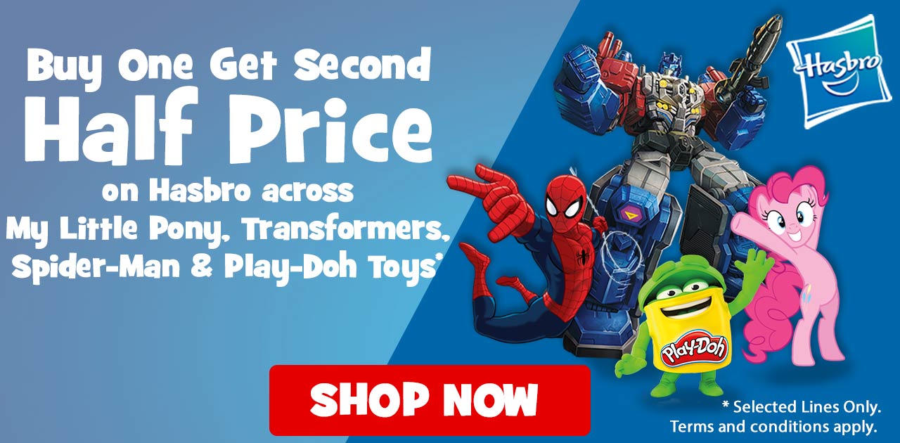 Buy One Get Second Half Price on Hasbro across My Little Pony, Transformers, Spider-Man & Play-Doh Toys
