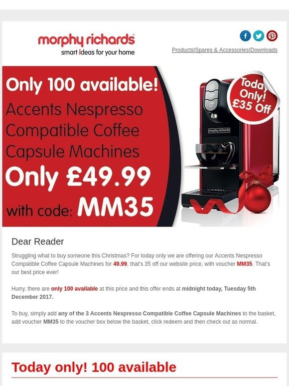 Morphy Richards 179000 Accents Coffee Capsule Machine Maker Nespresso In Black 
