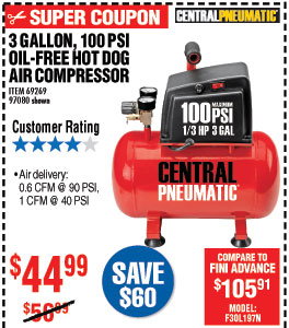 3 gal. 1/3 HP 100 PSI Oilless Hotdog Air Compressor