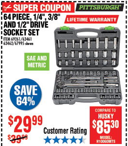 64 Pc 1/4 in., 3/8 in., 1/2 in. Drive SAE & Metric Socket Set