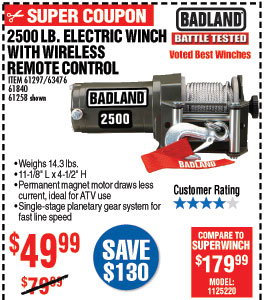 2500 lb. ATV/Utility Electric Winch with Wireless Remote Control