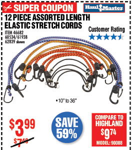 12 Pc Assorted Length Elastic Stretch Cords