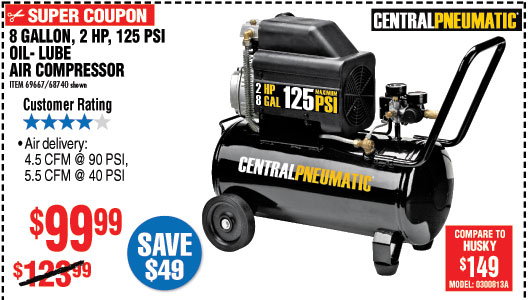 8 gal.  2 HP 125 PSI Oil Lube Air Compressor
