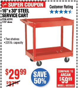 30 In. x 16 In. Two Shelf Steel Service Cart