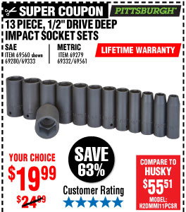 13 Pc 1/2 in. Drive SAE Impact Deep Socket Set