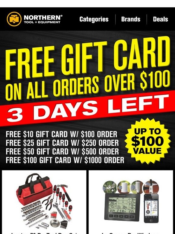 Northern Tool Free Gift Card Offer Ends Soon! Up To 100 Value! Milled