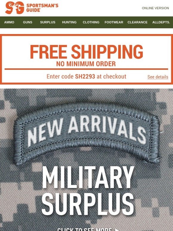 Sportsman's Guide Just arrived! New Military Surplus Deals Plus Free