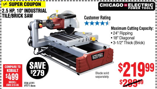 10 in. 2.5 HP Tile/Brick Saw