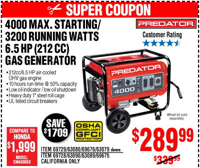 4000 Max Starting/3200 Running Watts, 6.5 HP  (212cc) Generator EPA III with GFCI Outlet Protection