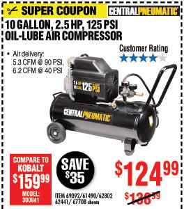 10 gal. 2.5 HP 125 PSI Oil Lube Air Compressor
