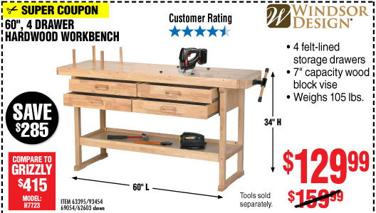 60 in. 4 Drawer Hardwood Workbench