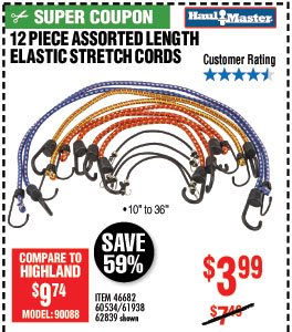 6 Pc Assorted Length Elastic Stretch Cords HFT 