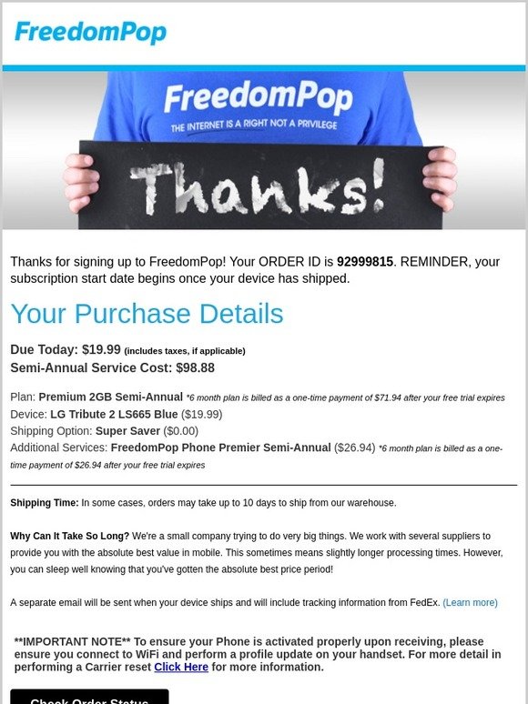 FreedomPop Your FreedomPop Order Confirmation Milled