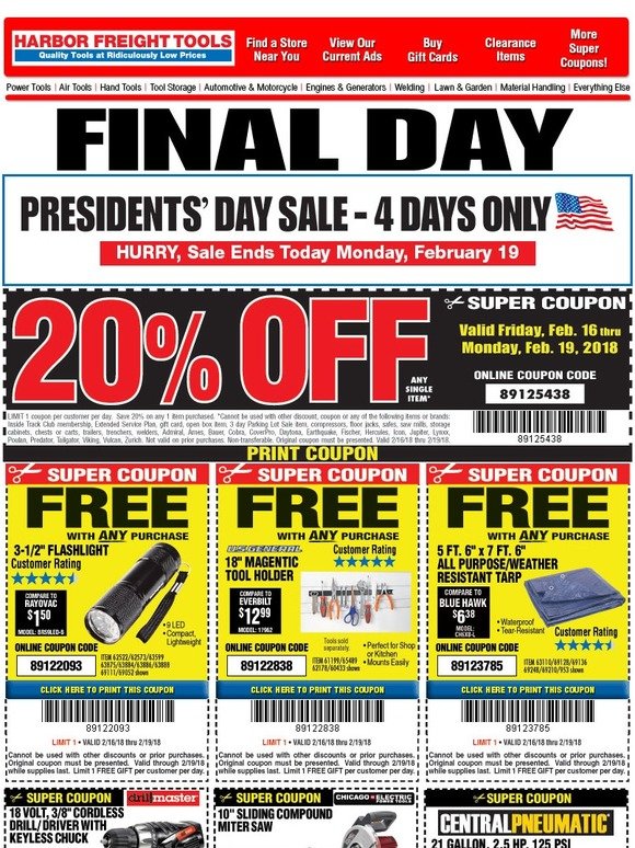 Harbor Freight Tools FINAL DAY • Presidents' Day Sale Ends Today Milled