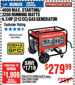 4000 Max Starting/3200 Running Watts, 6.5 HP  (212cc) Generator EPA III with GFCI Outlet Protection