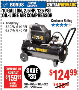 10 gal. 2.5 HP 125 PSI Oil Lube Air Compressor
