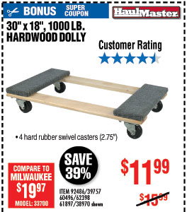 30 In x 18 In 1000 lb. Capacity Hardwood Dolly