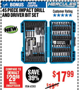 45 Pc Hercules Impact Driver Bit Set