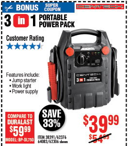 3-in-1 Portable Power Pack with Jump Starter