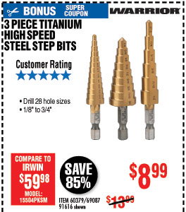 Titanium High Speed Steel Step Bit Set 3 Pc