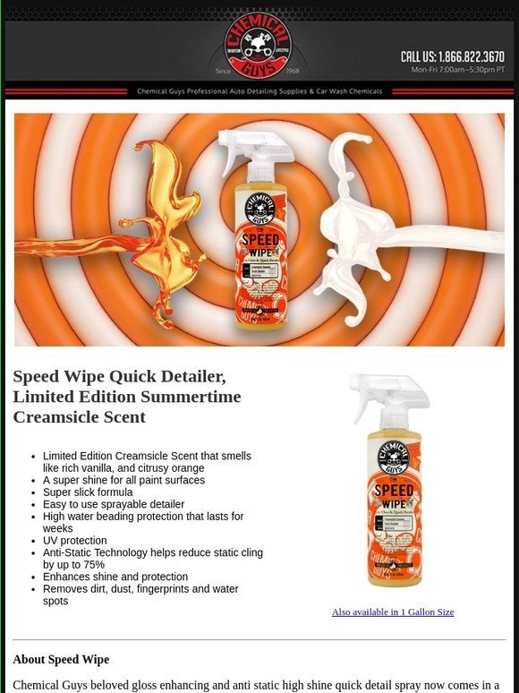 Chemical Guys Speed Wipe Quick Detailer (Limited Edition Summertime  Creamsicle Scent)