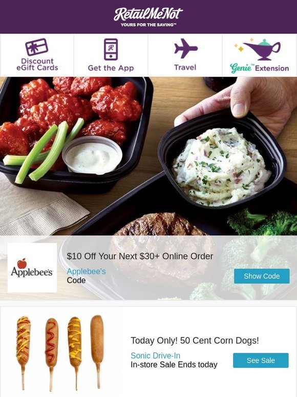RetailMeNot 50¢ Corn Dogs Michael Kors Applebee’s JCPenney