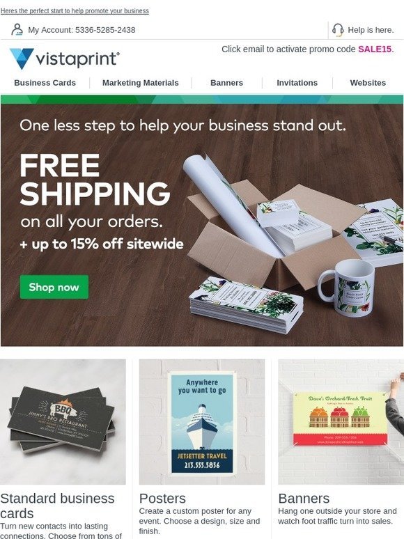 Vistaprint Free Shipping for you Valued Customer + 15 off sitewide