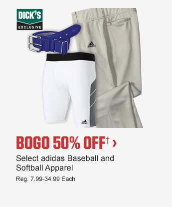 BOGO 50% OFF† | Select adidas Baseball and Softball Apparel | Reg. 7.99-34.99 Each