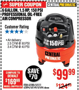 6 gal. 1.5 HP 150 PSI Professional Air Compressor