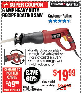 6 Amp Heavy Duty Variable Speed Rotating Handle Reciprocating Saw