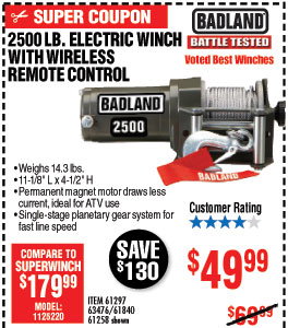 2500 lb. ATV/Utility Electric Winch with Wireless Remote Control