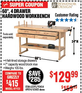 60 in. 4 Drawer Hardwood Workbench
